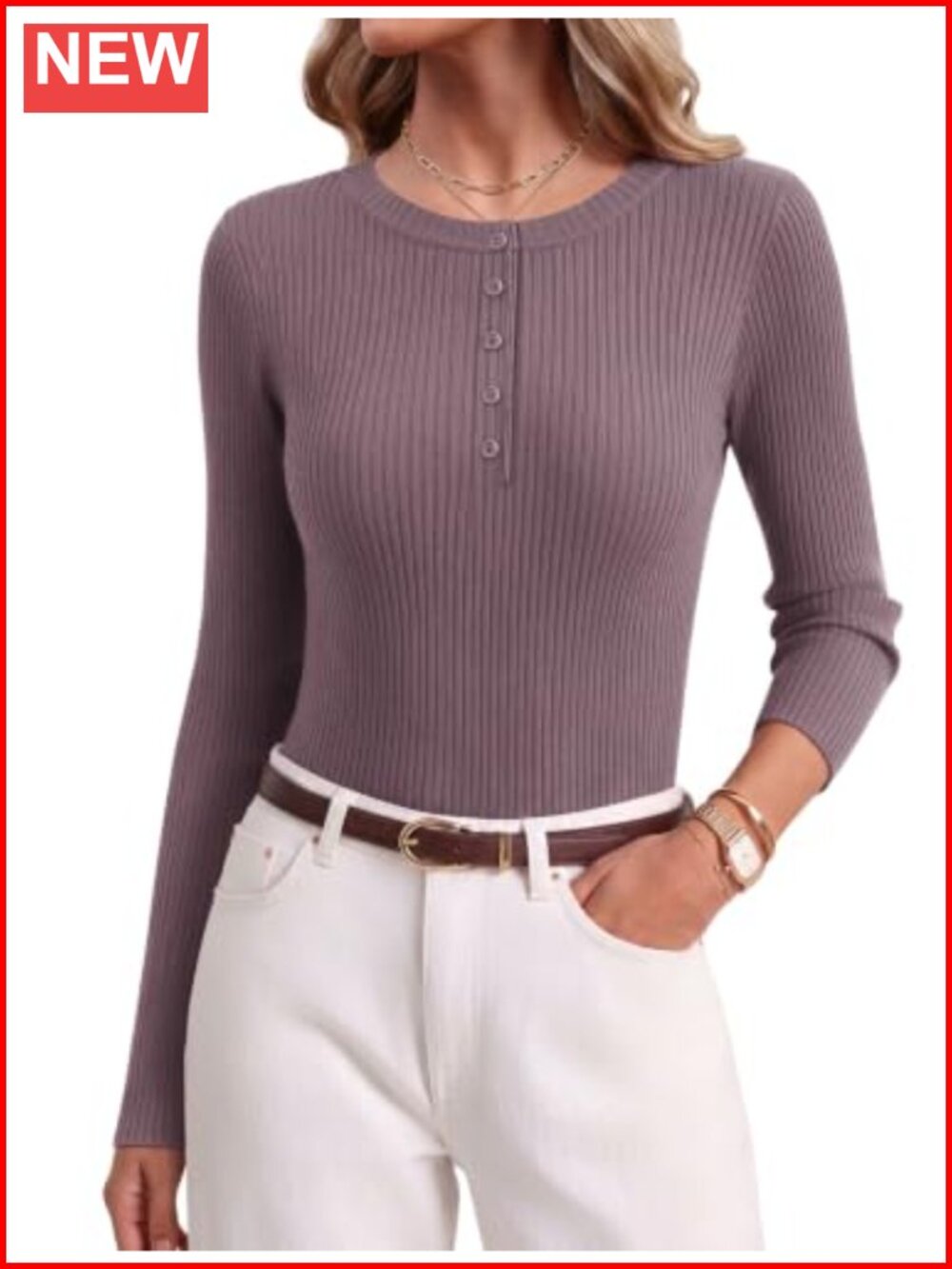 Women's Long Sleeve Henley Ribbed Knit Pullover Sweater Lightweight Slim Fit